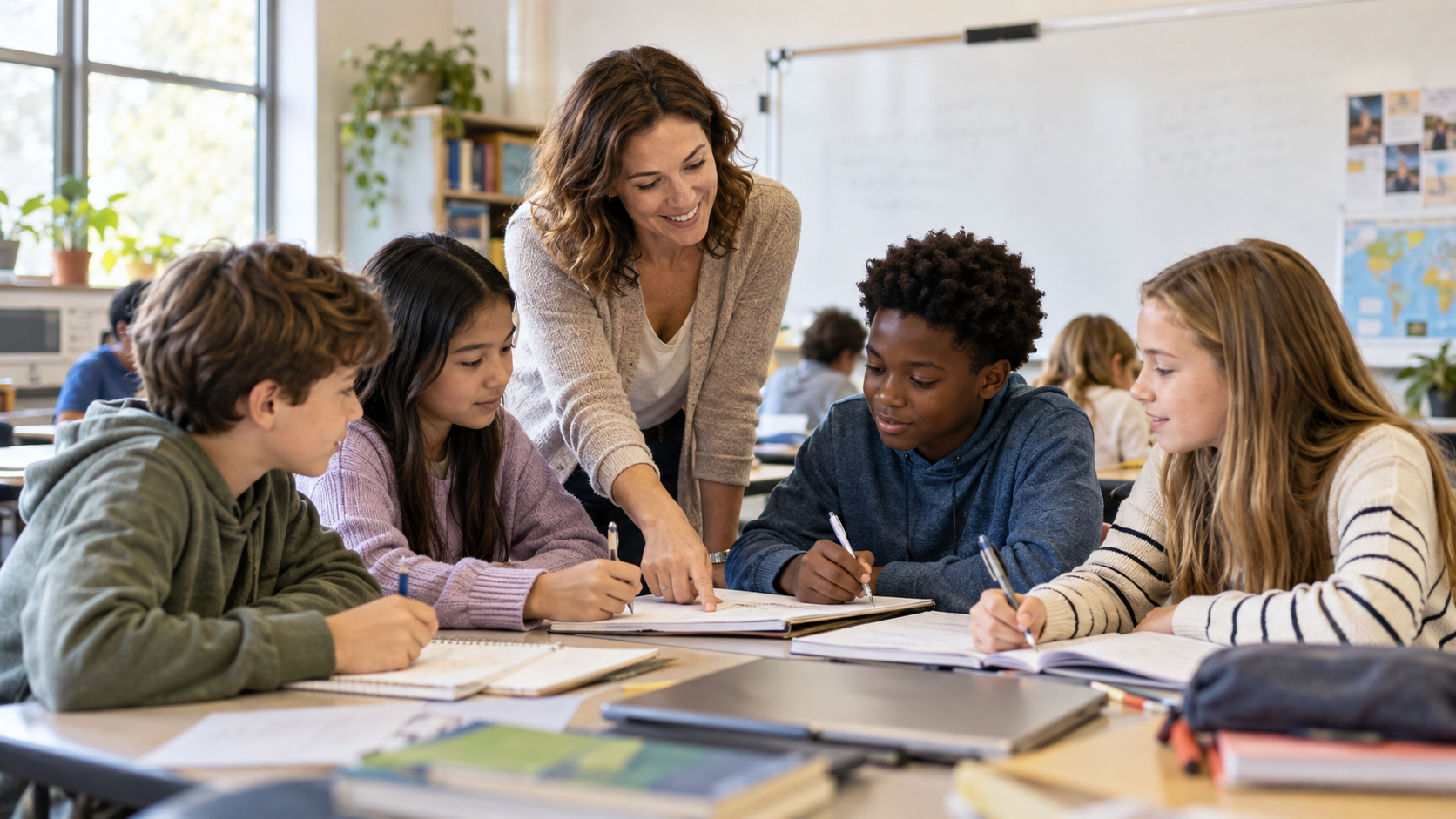 Teacher helping a diverse group of students in a classroom.