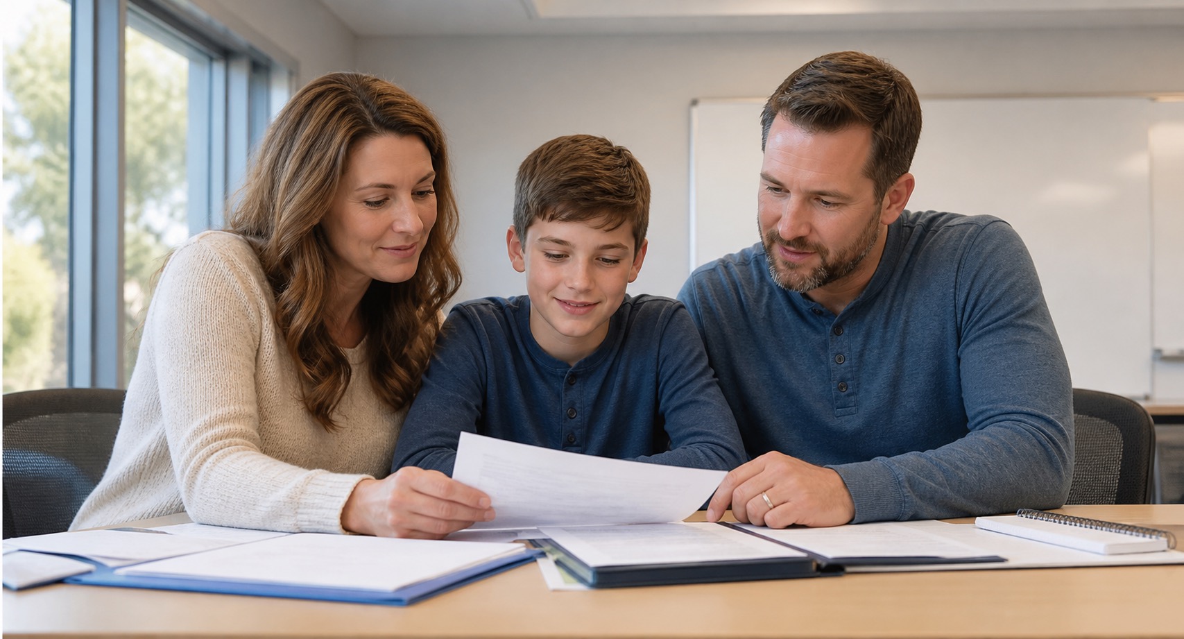 Mother, father, and son reviewing education documents together.